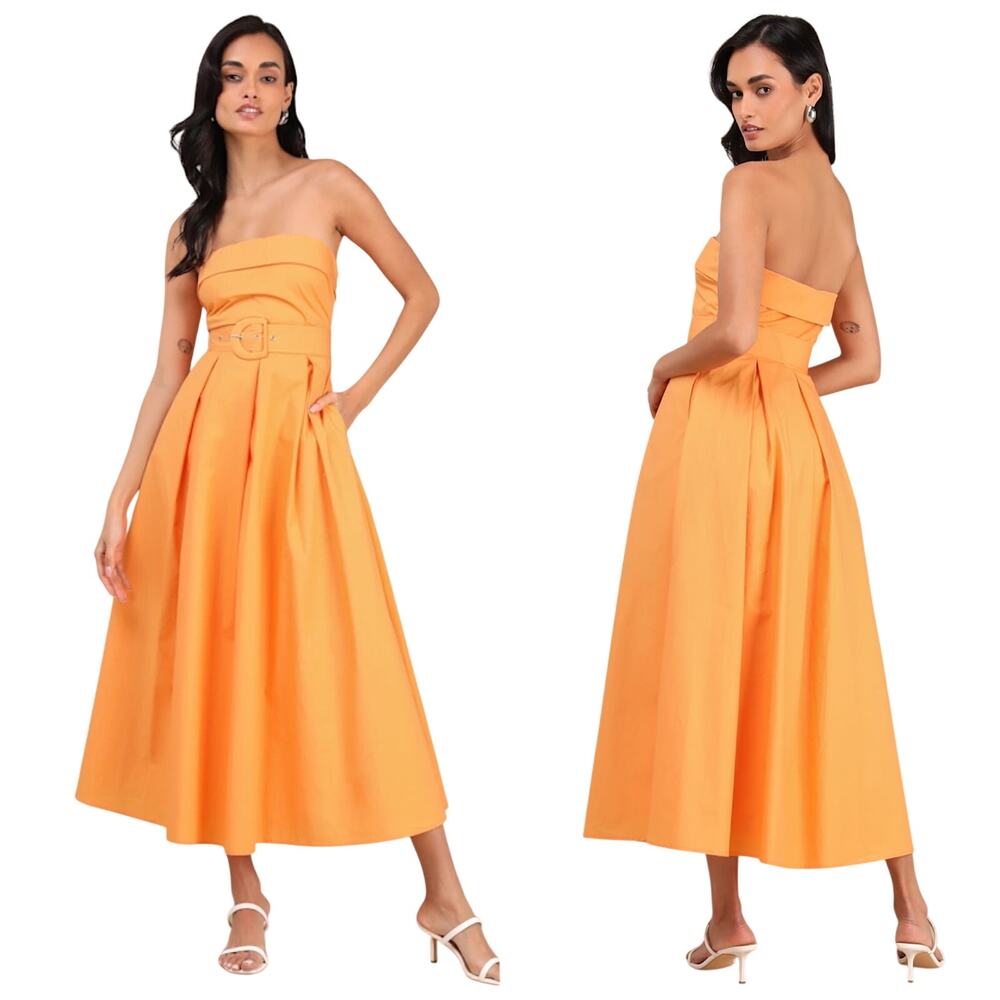 Lulus Trendsetting Choice Orange Strapless Midi Dress With Pockets size L NWT